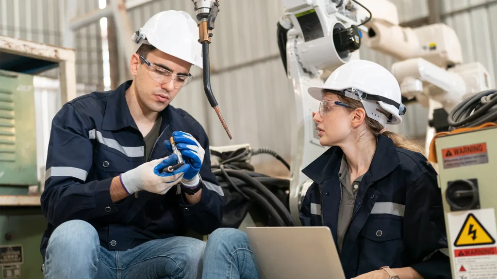 Dos técnicos en automatización industrial revisan una herramienta frente a un brazo robótico, usando casco y gafas de seguridad en planta industrial